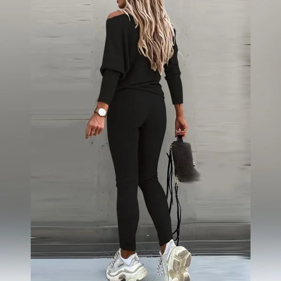 CHICME NIP S Black Ribbed Knit 2-piece set skew loose top stretchy tight Pants - Picture 2 of 4